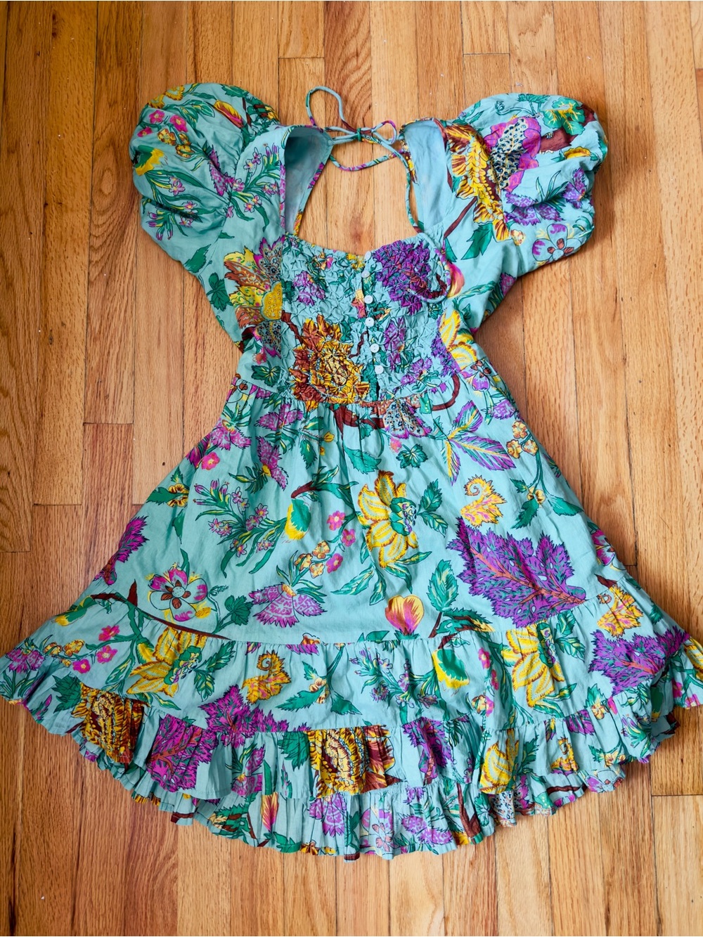 House of Harlow 1960 Aqua Floral Puff-Sleeve Dress with Yellow & Purple Accents